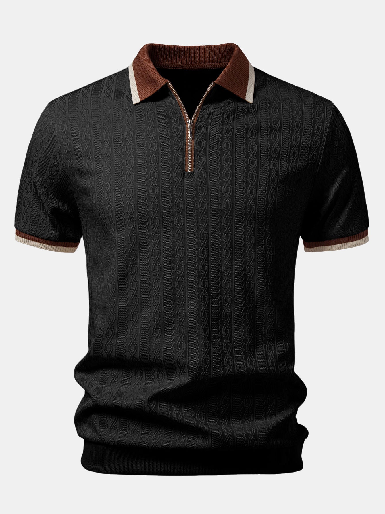 Contrast Trim Textured Zipper Knit Polo